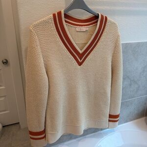TORY BURCH Crochet Varsity V-Neck Sweater